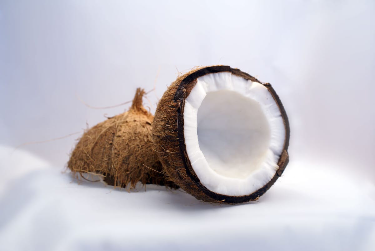 Coco partido por la mitad con la pulpa blanca a la vista sobre una tela blanca