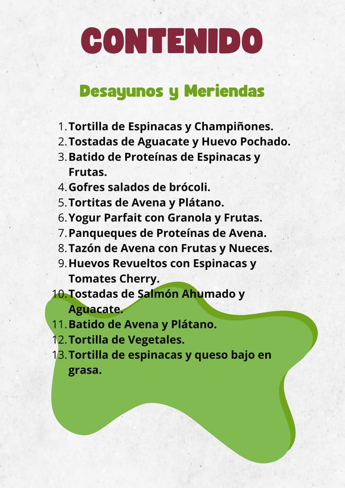Índice del recetario con la lista de desayunos y meriendas