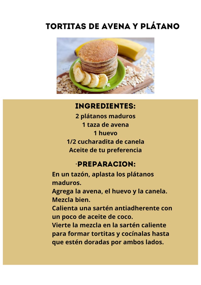 Receta de tortitas de avena y plátano con sus ingredientes y preparación